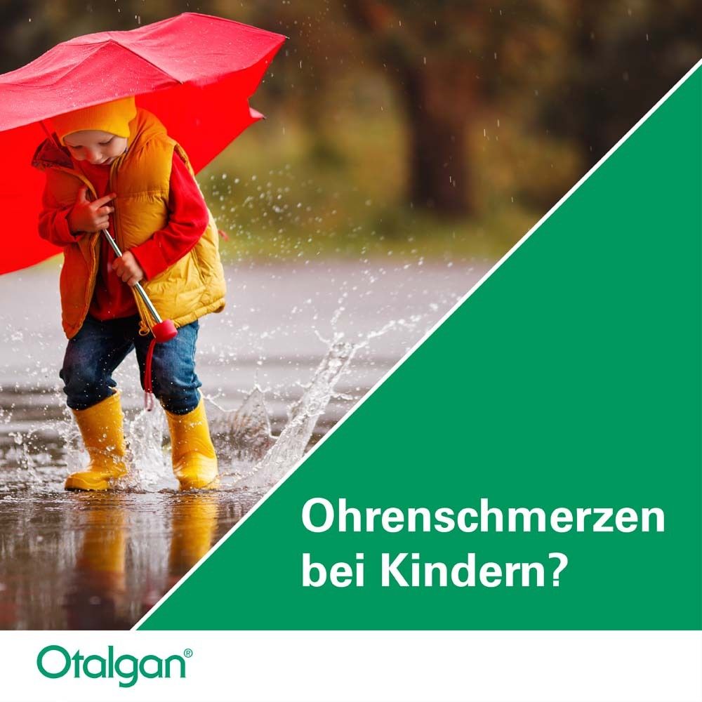 Kind mit rotem Regenschirm und gelben Gummistiefeln in Pfütze. Text: Ohrenschmerzen bei Kindern? Otalgan® Logo.