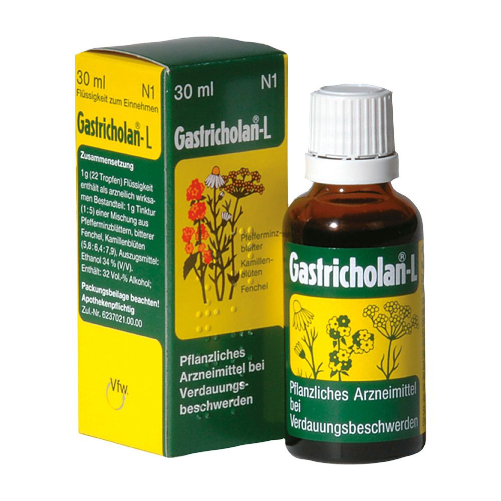 Braune Glasflasche und Schachtel. Aufschrift Gastricholan-L. Pflanzliches Arzneimittel bei Verdauungsbeschwerden.