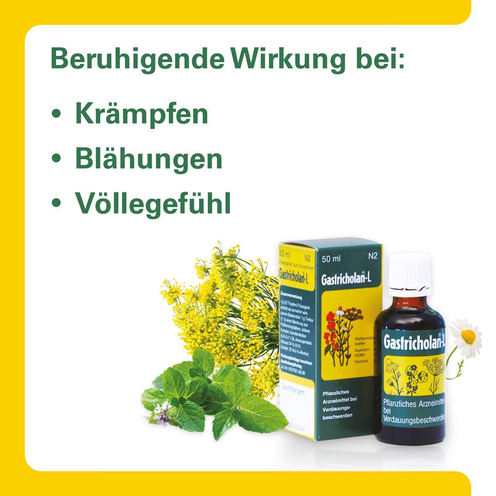 Produktabbildung mit Text. Flasche und Schachtel. Text: Beruhigende Wirkung bei: Krämpfen, Blähungen, Völlegefühl.