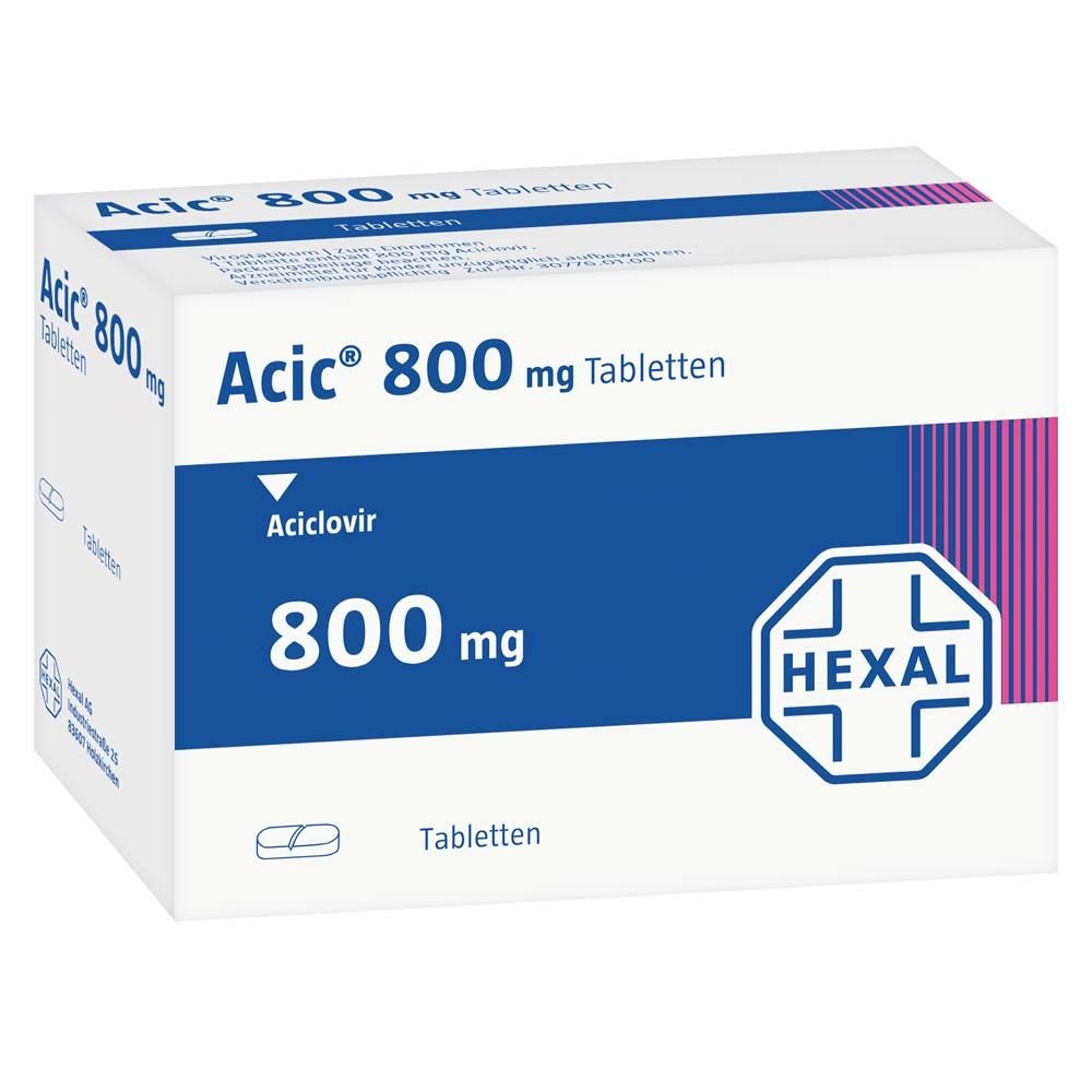 Weiße Schachtel mit blauer Fläche. Aufschrift: Acic® 800 mg Tabletten, 800 mg, Hexal Logo. Tabletten-Symbol.