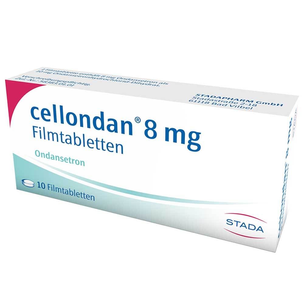 Schachtel mit Cellondan 8 mg Filmtabletten. Aufschrift: Ondansetron, 10 Filmtabletten. STADA-Logo.