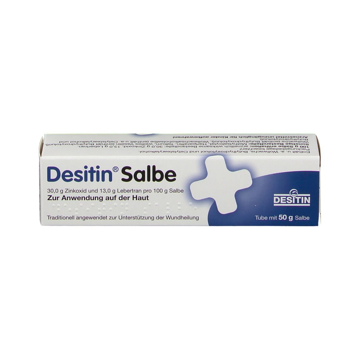 Desitin Salbe Schachtel. Enthält Produktnamen, Inhaltsstoffe und Anwendungshinweise. Mit 50 g Inhalt.