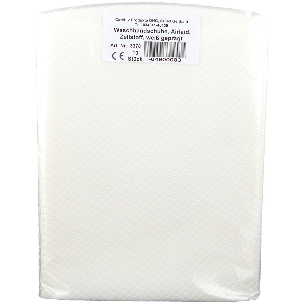 Verpackung mit weißen Waschhandschuhen. Aufdruck: Airlaid, Zellstoff, weiß geprägt. 10 Stück. CE-Zeichen.