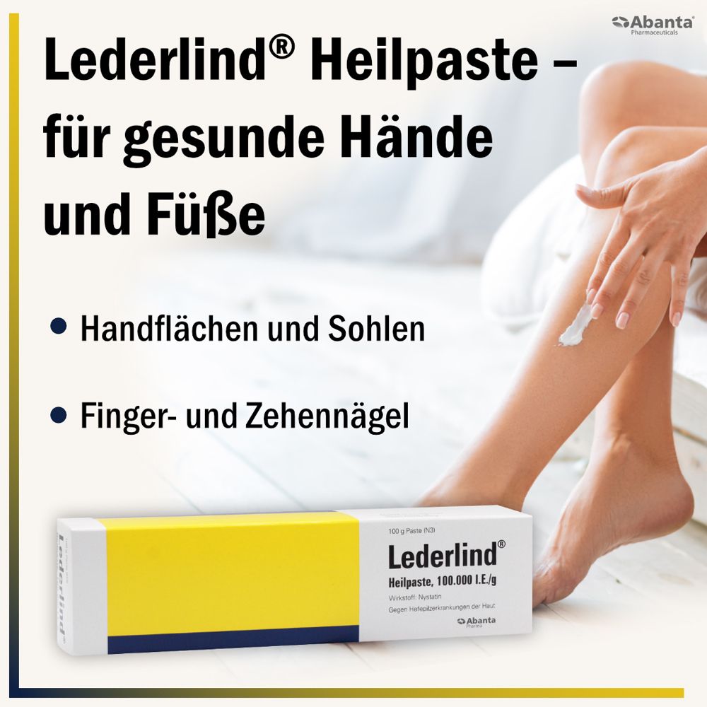 Lederlind® Heilpaste für Hände und Füße, Frau cremt Beine ein.