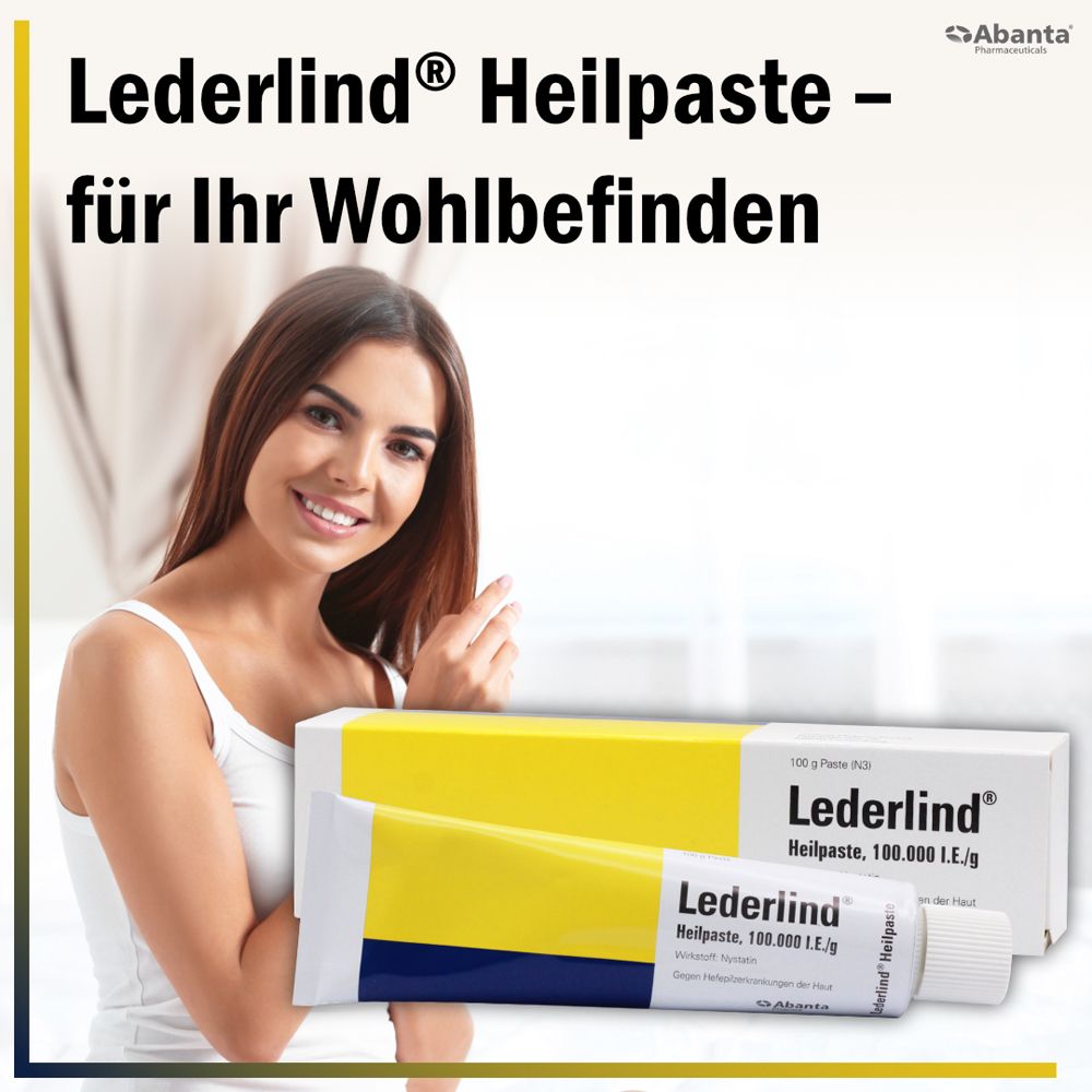 Lederlind® Heilpaste für Ihr Wohlbefinden, Frau mit Tube.