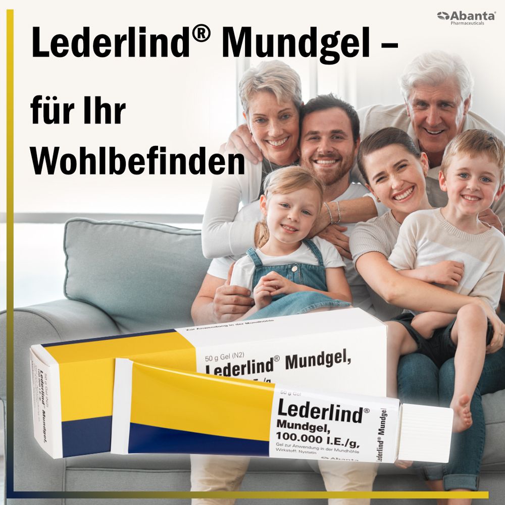 Lederlind® Mundgel für Ihr Wohlbefinden, mit Verpackung und Familie.