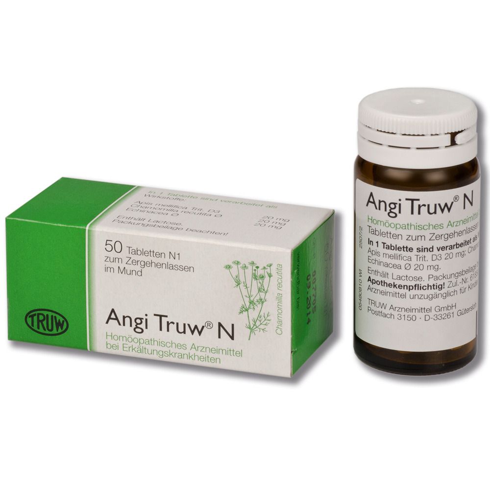 Eine Schachtel und eine braune Glasflasche mit dem Produktnamen Angi Truw® N. Auf der Schachtel steht "50 Tabletten".