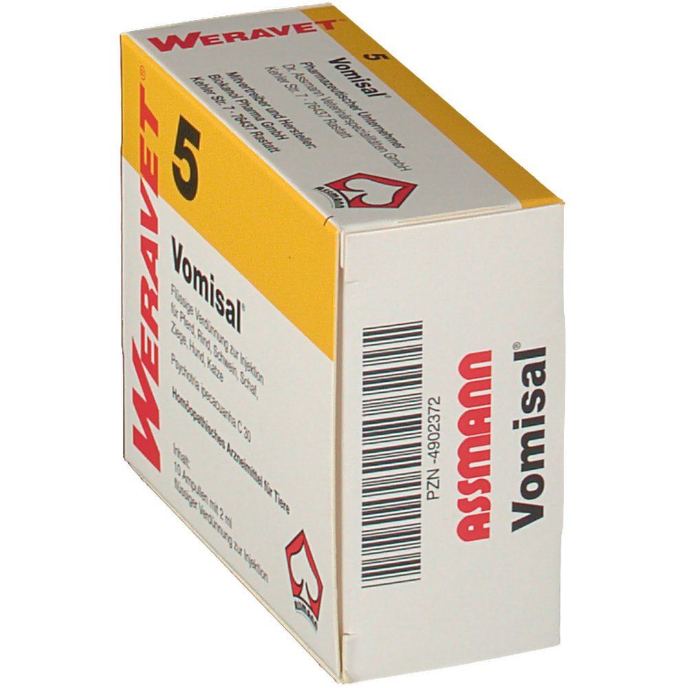 Weravet 5 Vomisal-Verpackung, schräg. Gelb-weiße Schachtel mit Produktnamen und Logo. Seitenansicht.
