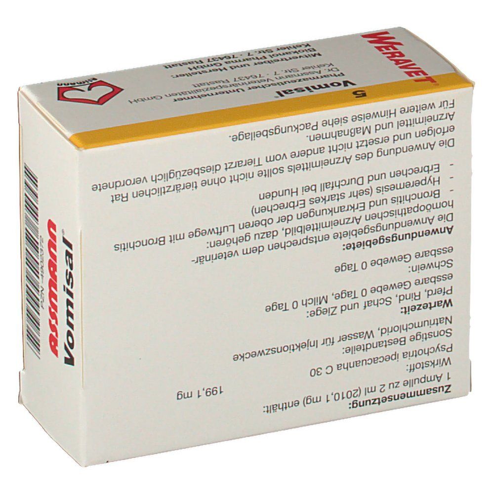 Rückseite der Weravet 5 Vomisal-Verpackung. Textinformationen, Logo und Herstellerangaben.