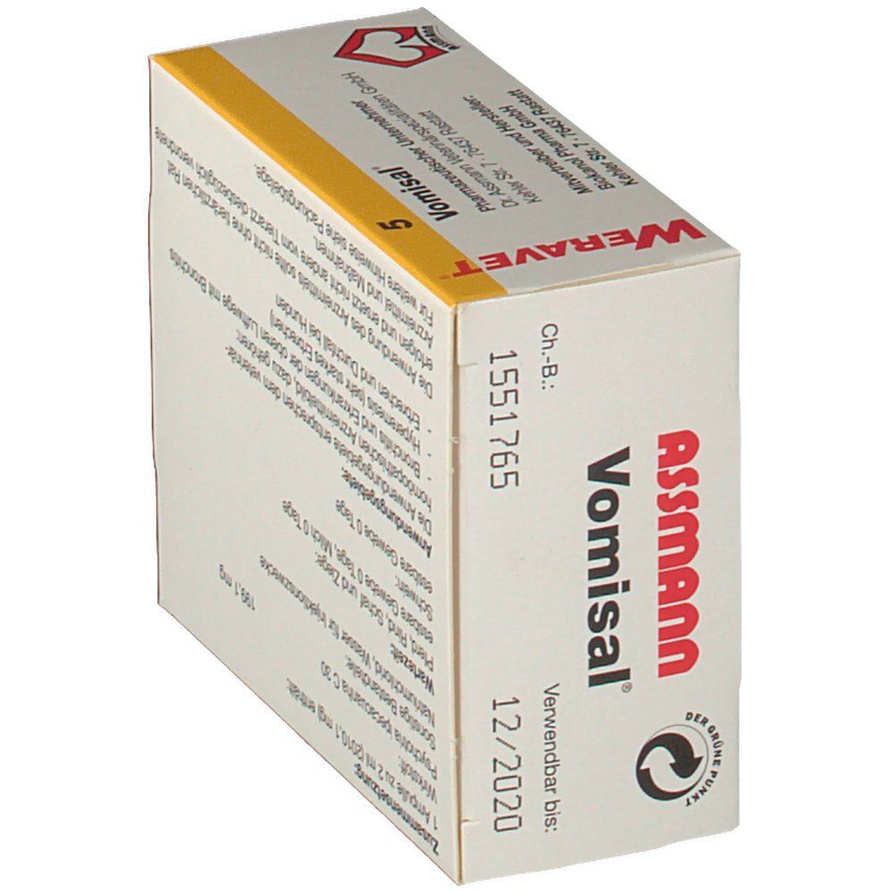 Weravet 5 Vomisal-Verpackung, schräg. Verfallsdatum 12/2020. Logo und Herstellerangaben.