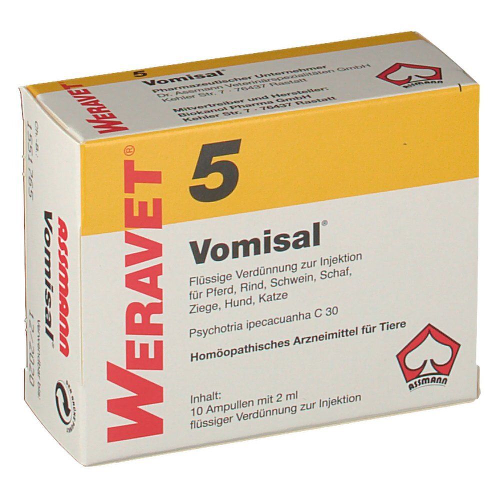 Weravet 5 Vomisal-Verpackung. Gelb-weiße Schachtel mit Produktnamen und Logo. Enthält 10 Ampullen.