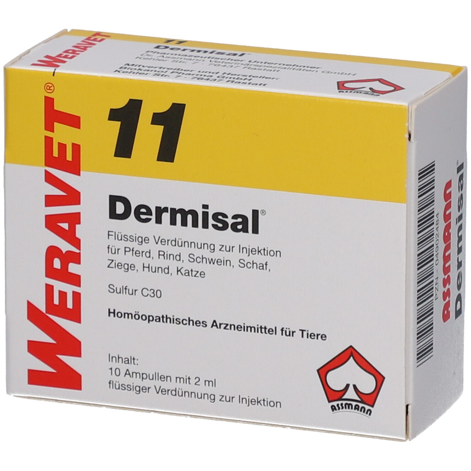 Karton mit "Dermisal 11"-Ampullen. Gelber Hintergrund, rote und schwarze Schrift. Enthält 10 Ampullen. Hersteller: Weravet.