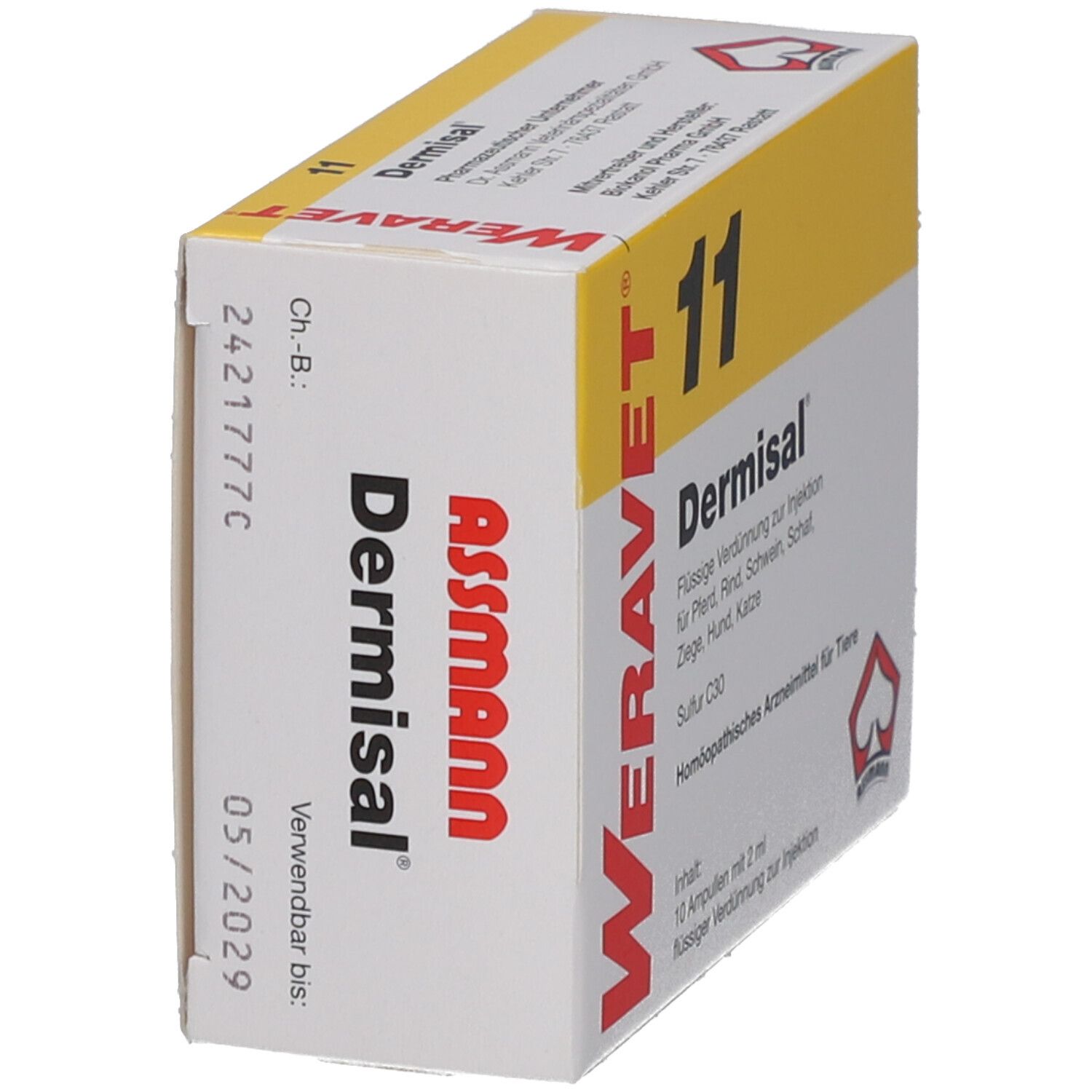 Dermisal 11 vet Ampullen-Verpackung, weiß-gelb. Aufschrift: WERAVET, Assmann, Dermisal, 11. Enthält 10 Ampullen.