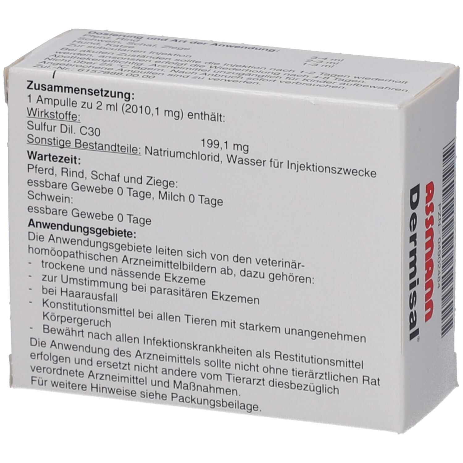 Rückseite der Dermisal 11 vet Ampullen-Verpackung. Text in deutscher Sprache. Enthält Informationen zu Inhaltsstoffen und Anwendung.