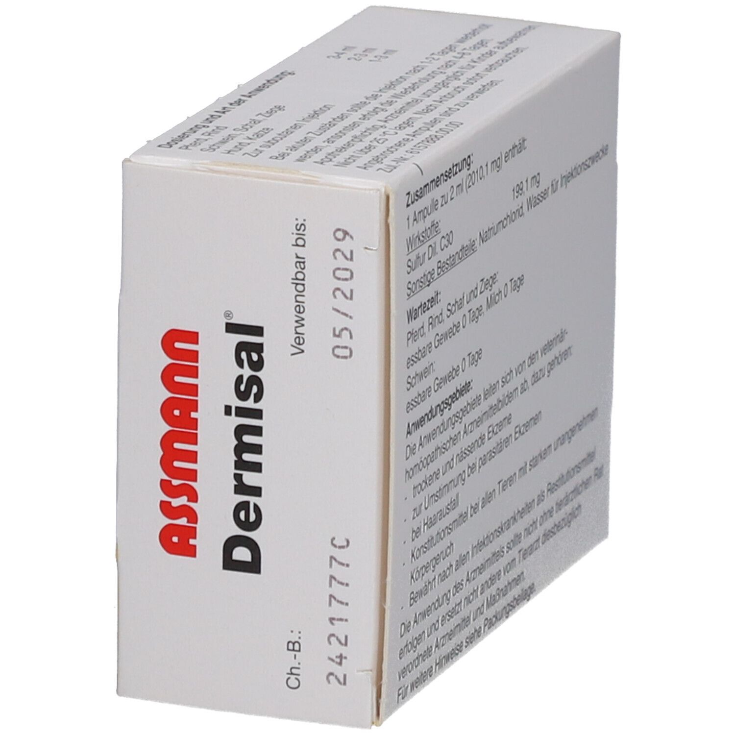 Rückseite der Dermisal 11 vet Ampullen-Verpackung. Text in deutscher Sprache. Enthält Informationen zu Inhaltsstoffen und Anwendung.