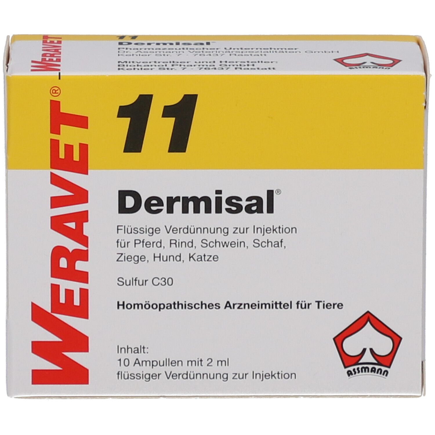 Dermisal 11 vet Ampullen-Verpackung, weiß-gelb. Aufschrift: WERAVET, Assmann, Dermisal, 11. Enthält 10 Ampullen.