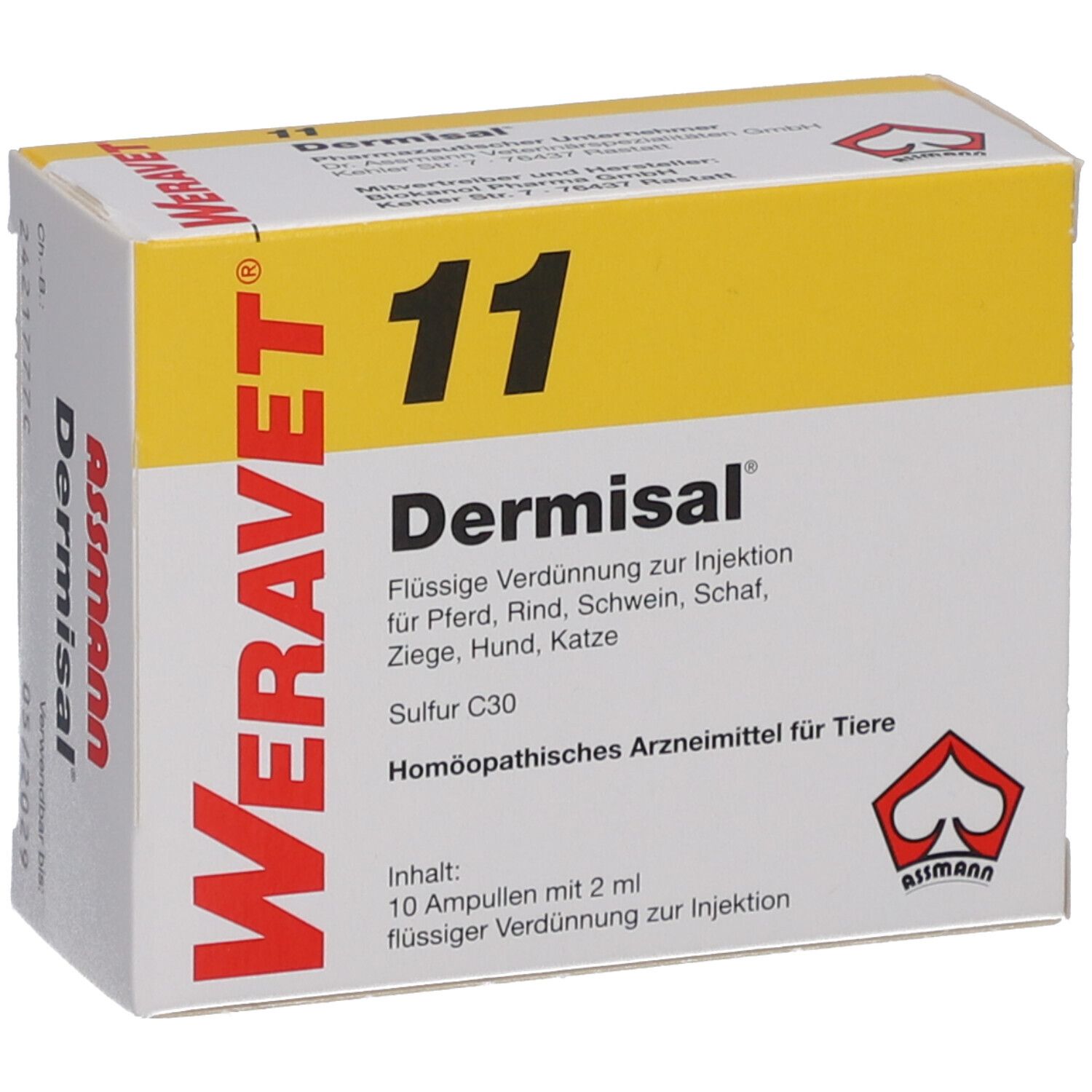 Dermisal 11 vet Ampullen-Verpackung, weiß-gelb. Aufschrift: WERAVET, Assmann, Dermisal, 11. Enthält 10 Ampullen.