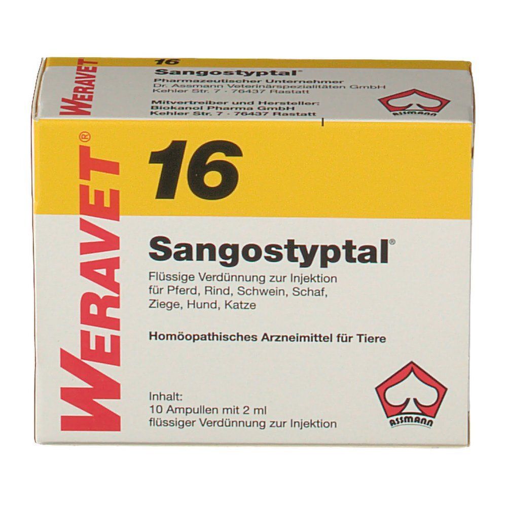 Weravet® 16 Sangostyptal-Verpackung. Gelb-weiße Schachtel mit Produktnamen und Logo. Enthält 10 Ampullen mit 2 ml Flüssigkeit.