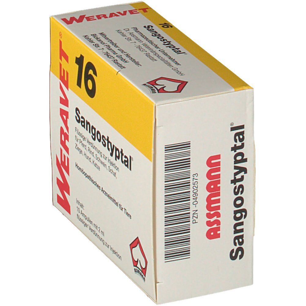 Weravet® 16 Sangostyptal-Verpackung, schräg. Gelb-weiße Schachtel mit Produktnamen und Logo. Hersteller- und Produktinformationen.