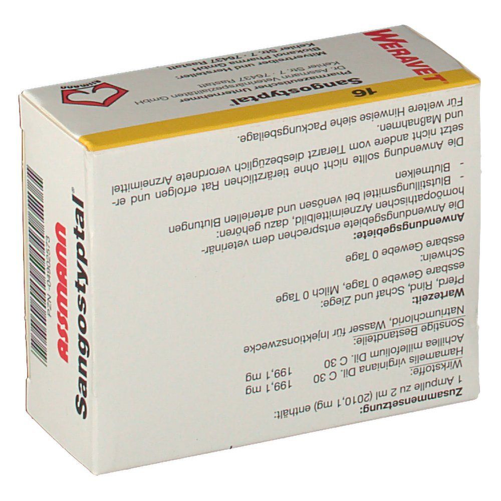 Weravet® 16 Sangostyptal-Verpackung, Rückseite. Gelb-weiße Schachtel mit Produktinformationen und Herstellerangaben. Text in deutscher Sprache.