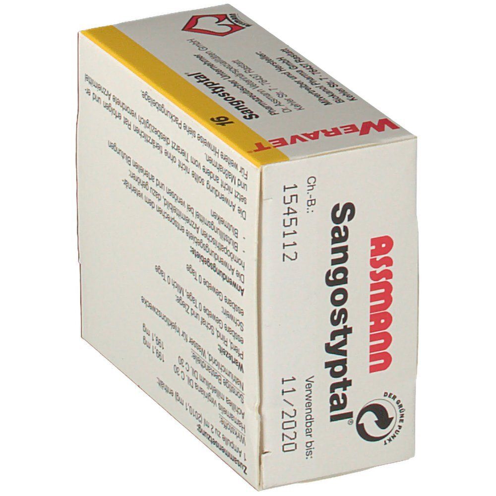 Weravet® 16 Sangostyptal-Verpackung, schräg. Gelb-weiße Schachtel mit Verfallsdatum und Chargennummer. Text in deutscher Sprache.