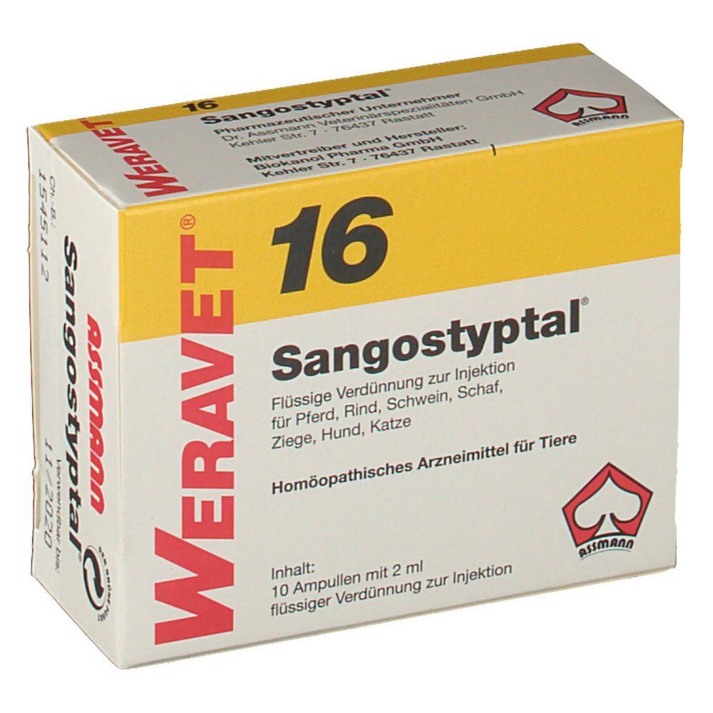 Weravet® 16 Sangostyptal-Verpackung. Gelb-weiße Schachtel mit Produktnamen und Logo. Enthält 10 Ampullen mit 2 ml Flüssigkeit.
