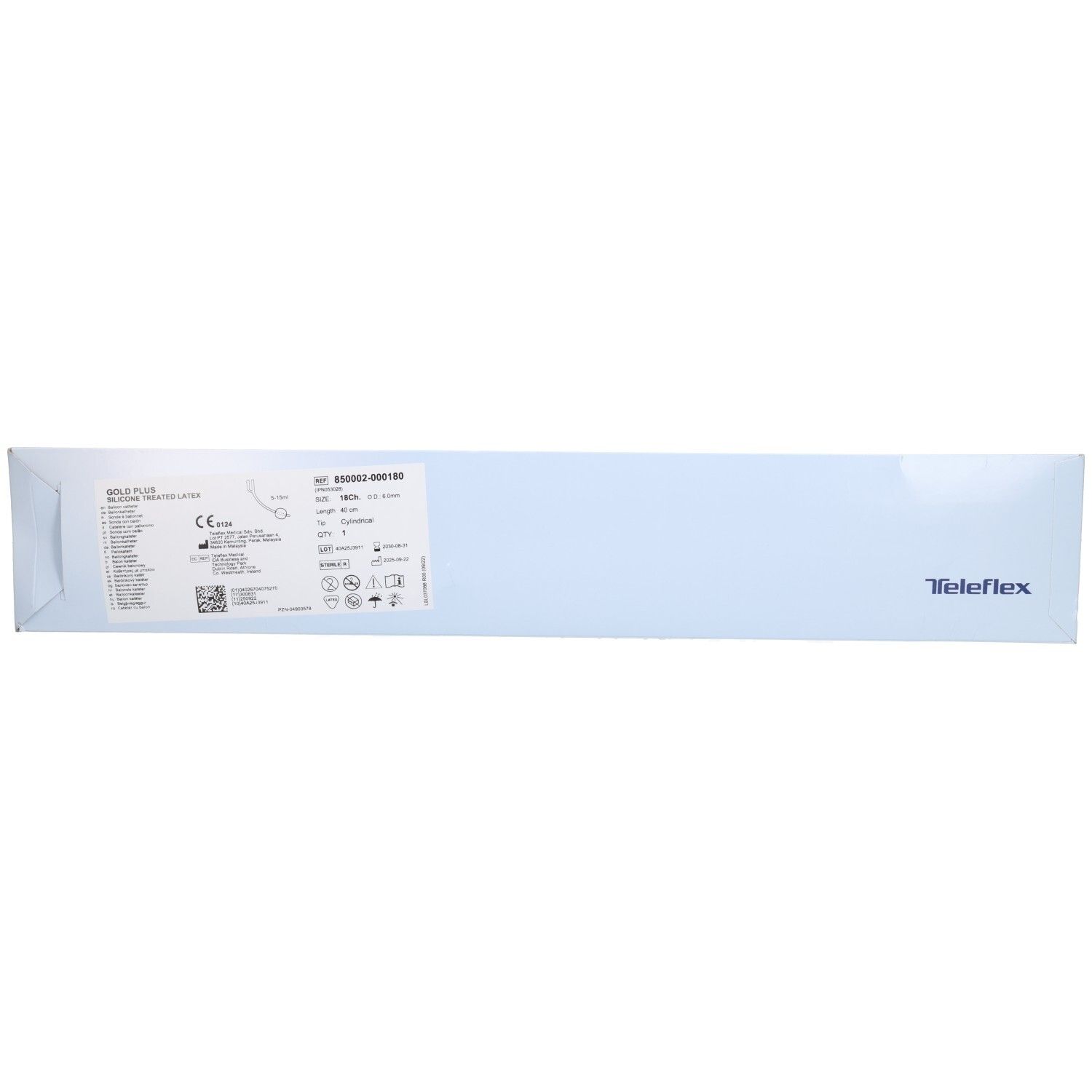 Geschlossene, längliche Verpackung. Auf der Verpackung sind Informationen und Teleflex zu sehen.