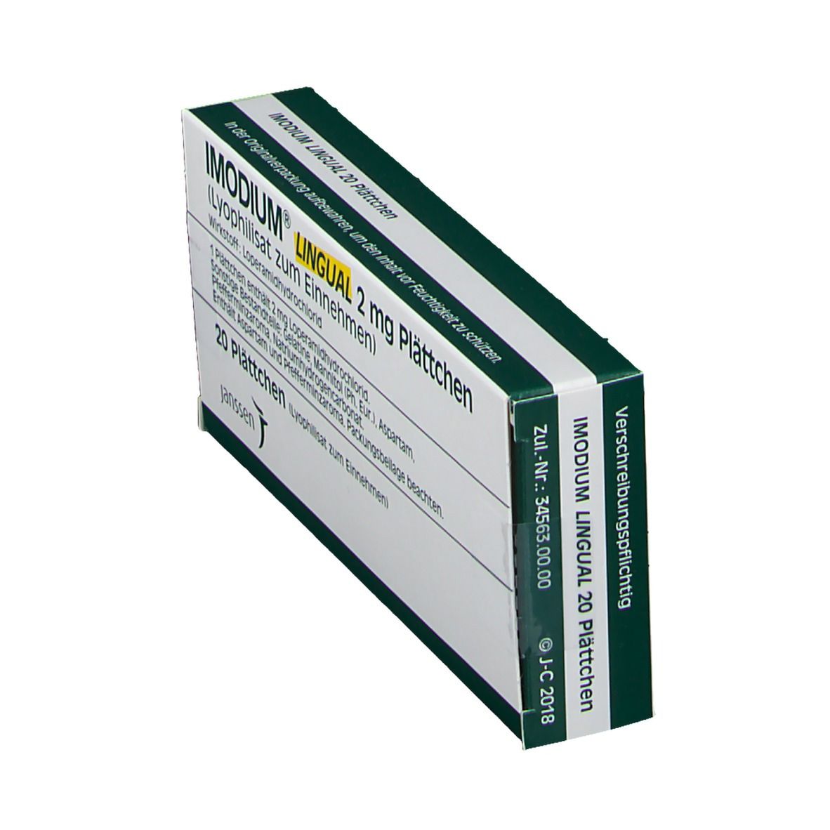 Schachtel Imodium Lingual 2 mg Plättchen, schräg. Text: 20 Plättchen, Janssen Logo. Grün-weiße Verpackung.