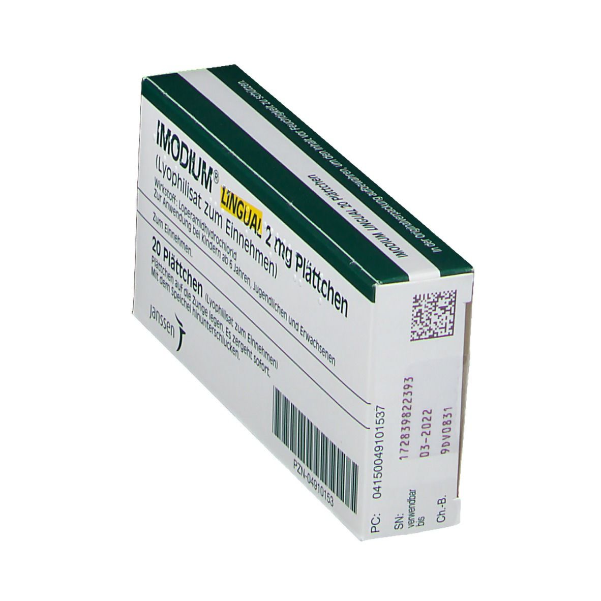 Schachtel Imodium Lingual 2 mg Plättchen, schräg. Text: 20 Plättchen, Janssen Logo. Grün-weiße Verpackung.