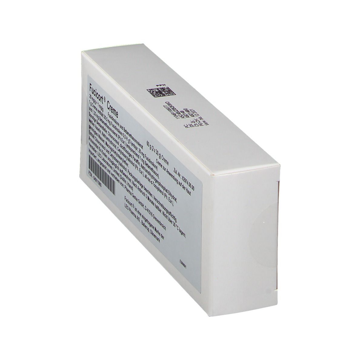 Schräg gestellte, weiße Fucicort Creme-Verpackung. Text in deutscher Sprache. Aufdruck mit Produktinformationen und Herstellerangaben.