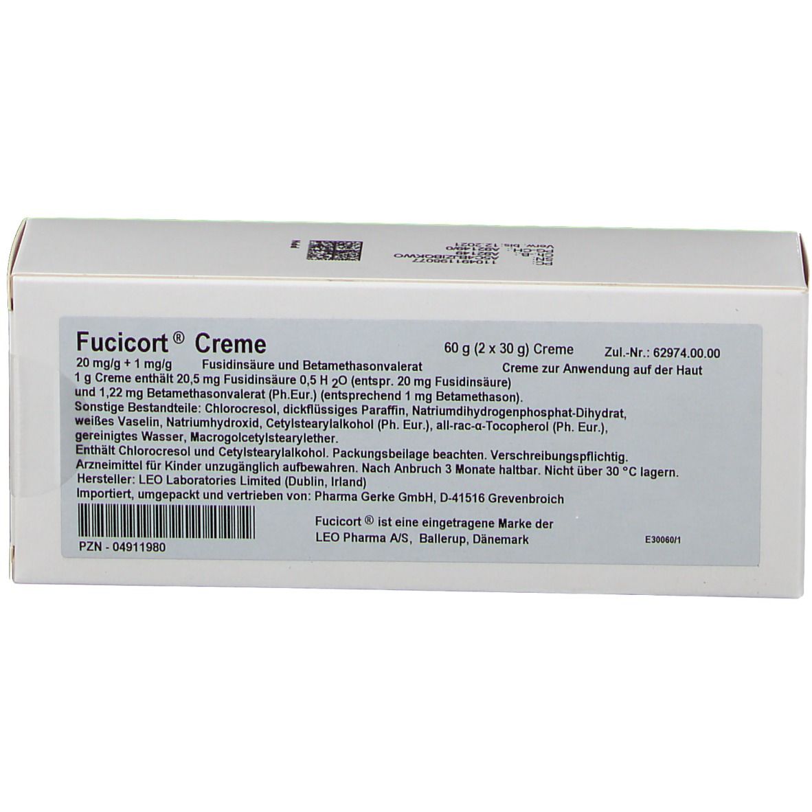 Weiße Fucicort Creme-Verpackung. Aufschrift: 20 mg/g + 1 mg/g, Fucicort Creme, 60 g (2 x 30 g) Creme. Text in deutscher Sprache.