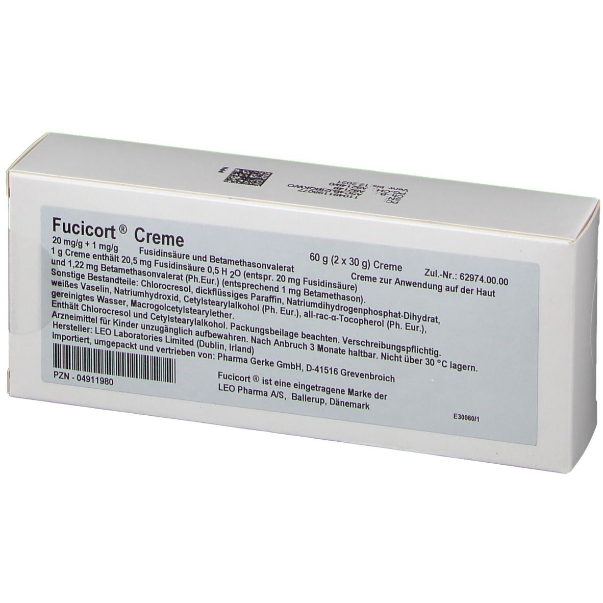 Weiße Fucicort Creme-Verpackung. Aufschrift: 20 mg/g + 1 mg/g, Fucicort Creme, 60 g (2 x 30 g) Creme. Text in deutscher Sprache.