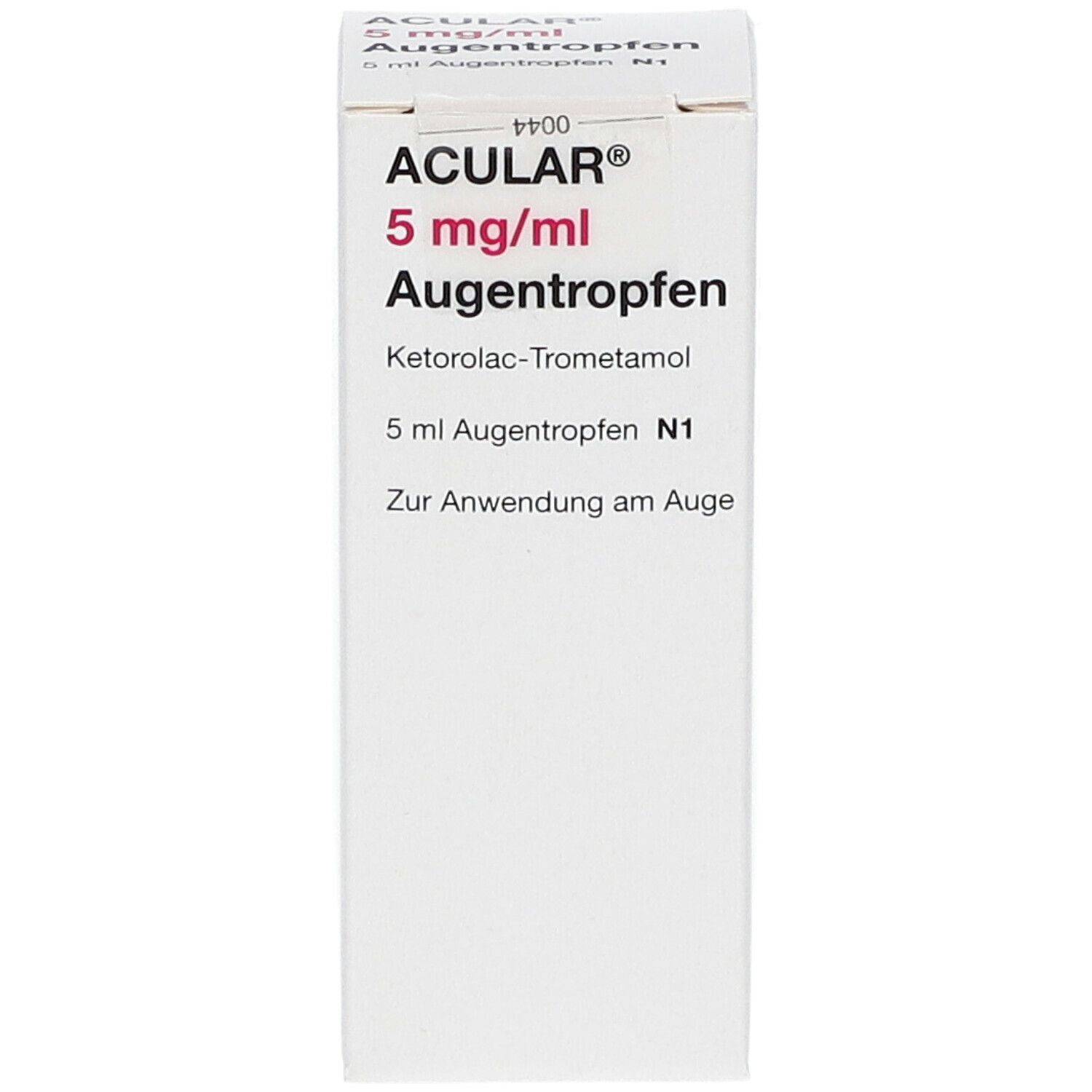 Weiße Faltschachtel mit ACULAR® 5 mg/ml Augentropfen. Rote Schrift. Enthält 5 ml. Zur Anwendung am Auge.