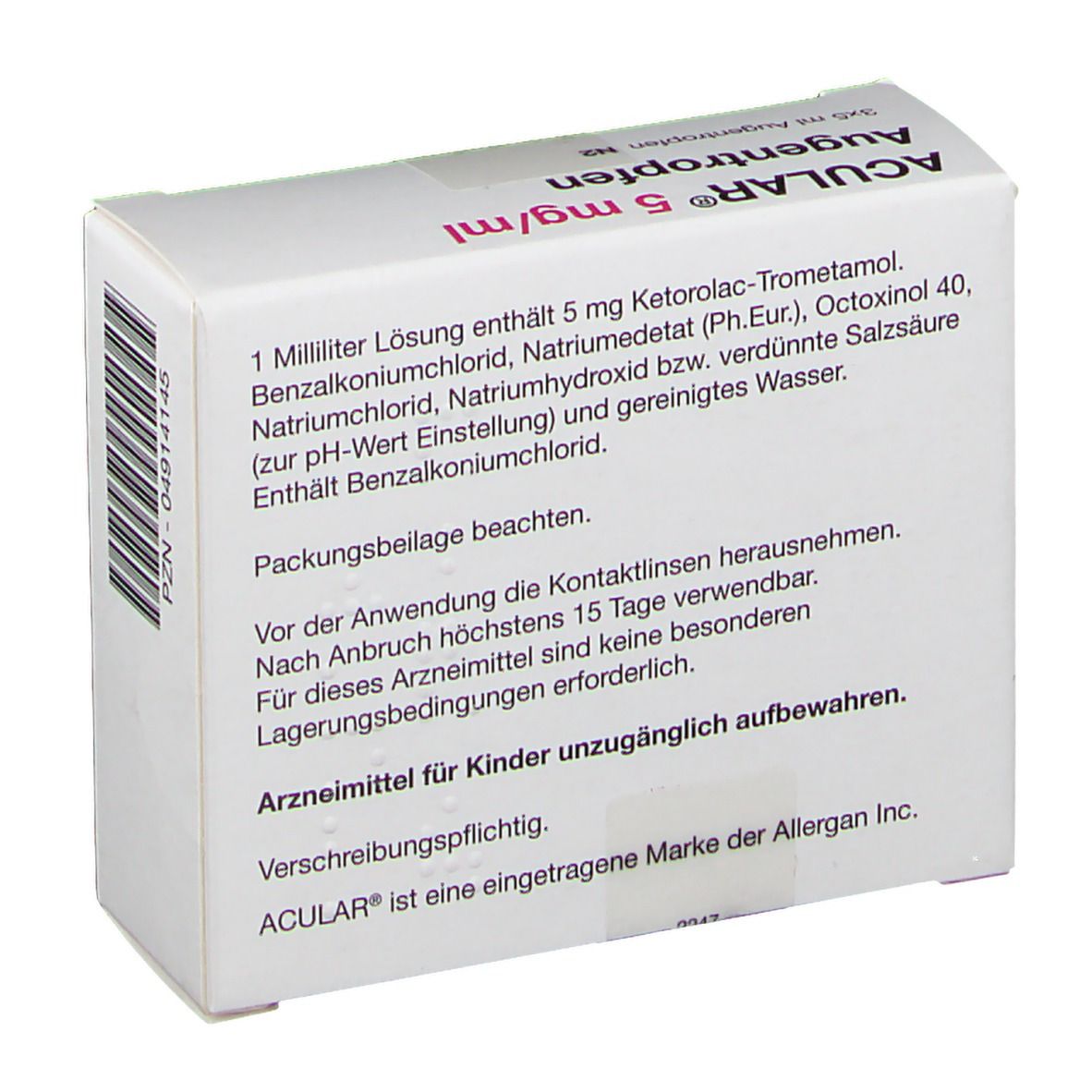 Rückseite der weißen Faltschachtel mit Text. Enthält Informationen zu Inhaltsstoffen, Anwendung und Hersteller.