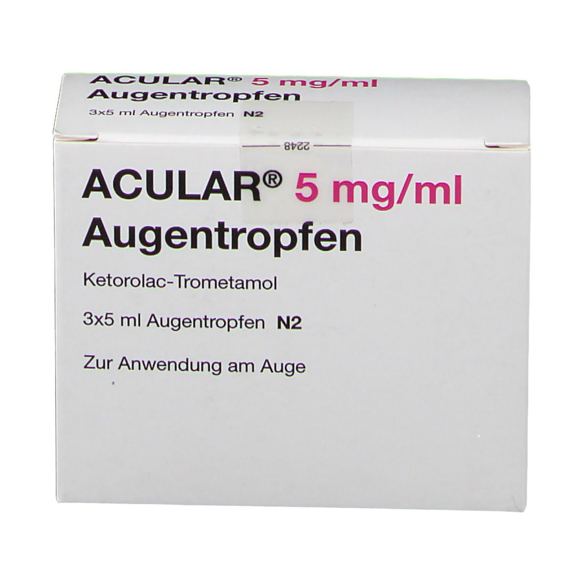 Weiße Faltschachtel mit Aufschrift ACULAR 5 mg/ml Augentropfen. Enthält 3x5 ml Augentropfen. Text in Schwarz und Pink.