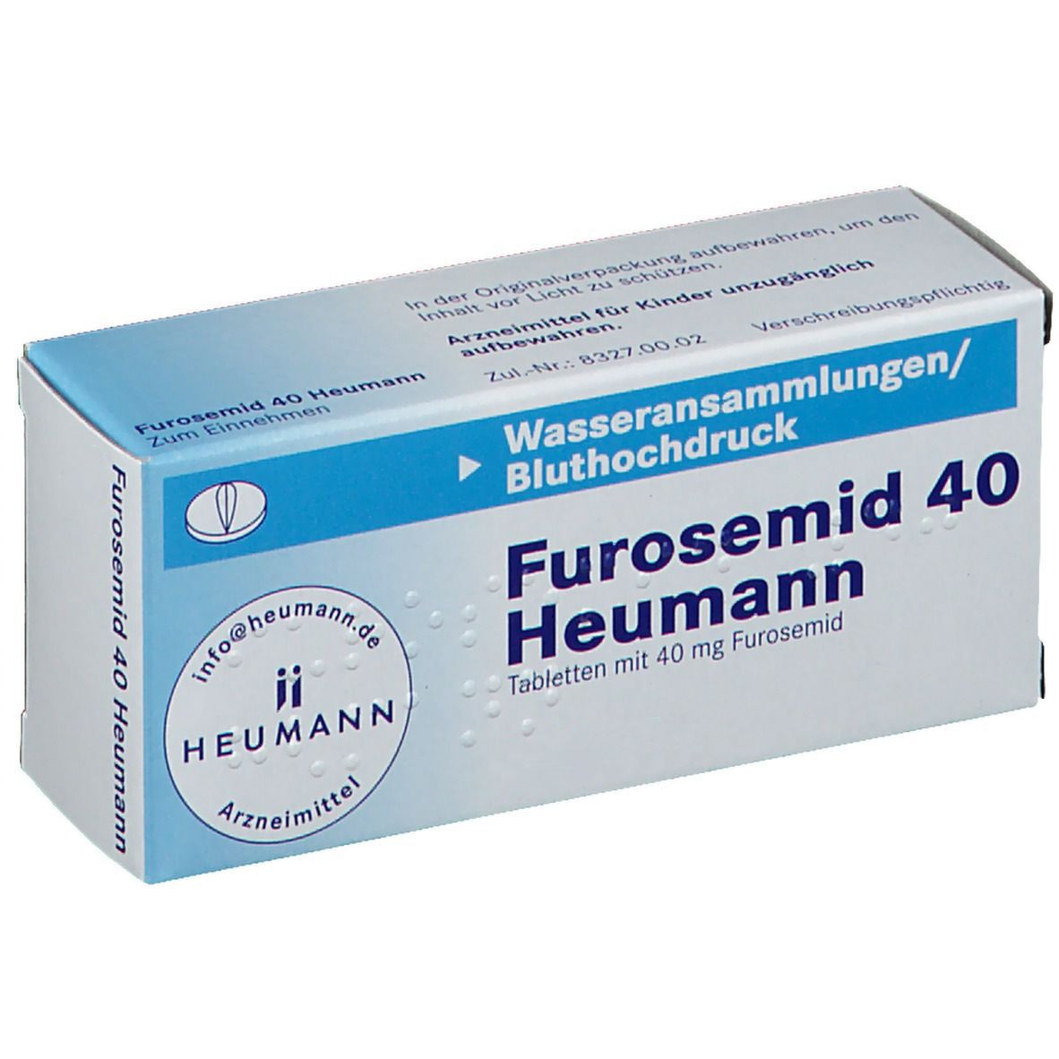 Blau-weiße Schachtel mit Aufschrift Furosemid 40 Heumann. Arzneimittel für Wasseransammlungen und Bluthochdruck.