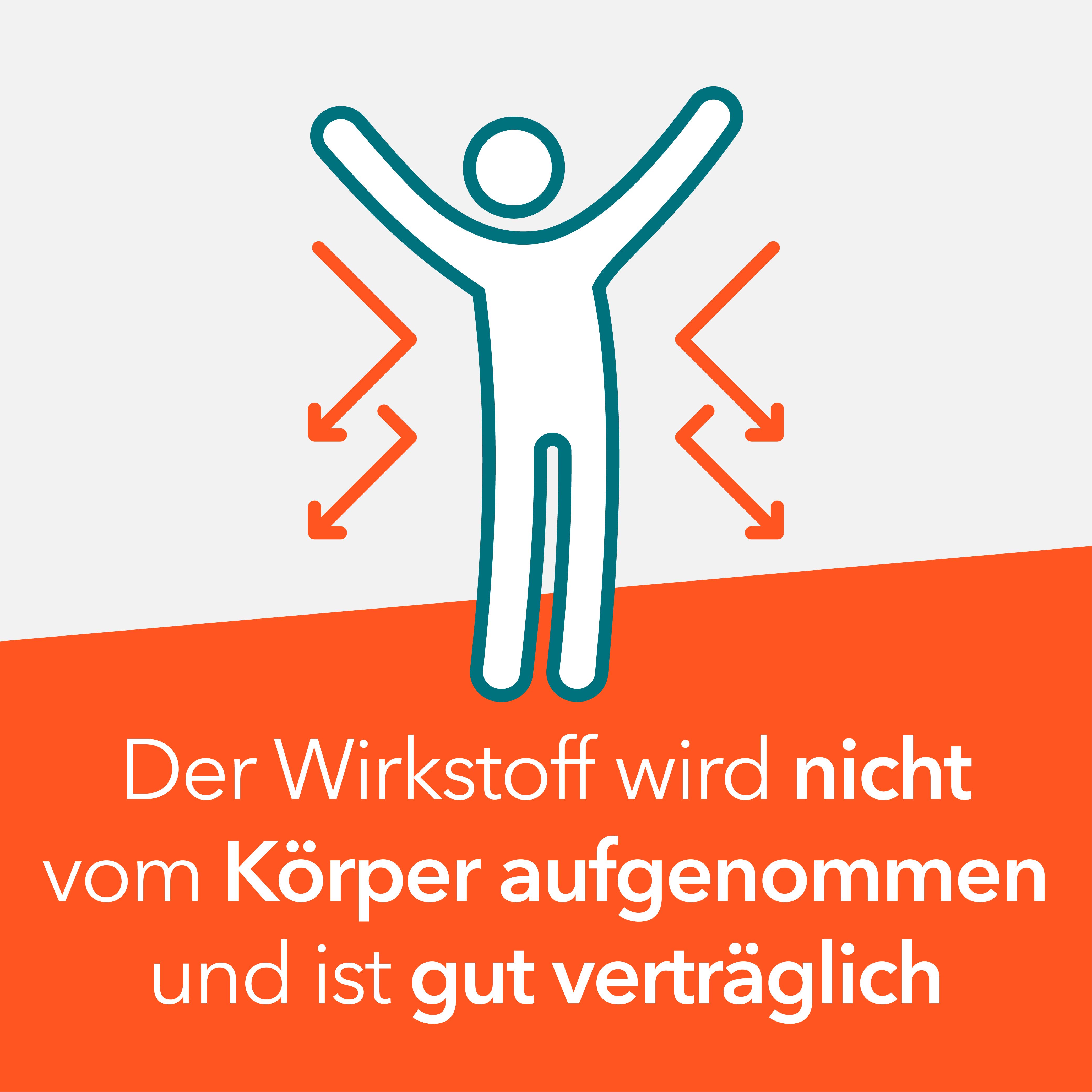 Strichzeichnung einer Person mit Pfeilen. Text: Der Wirkstoff wird nicht vom Körper aufgenommen und ist gut verträglich.