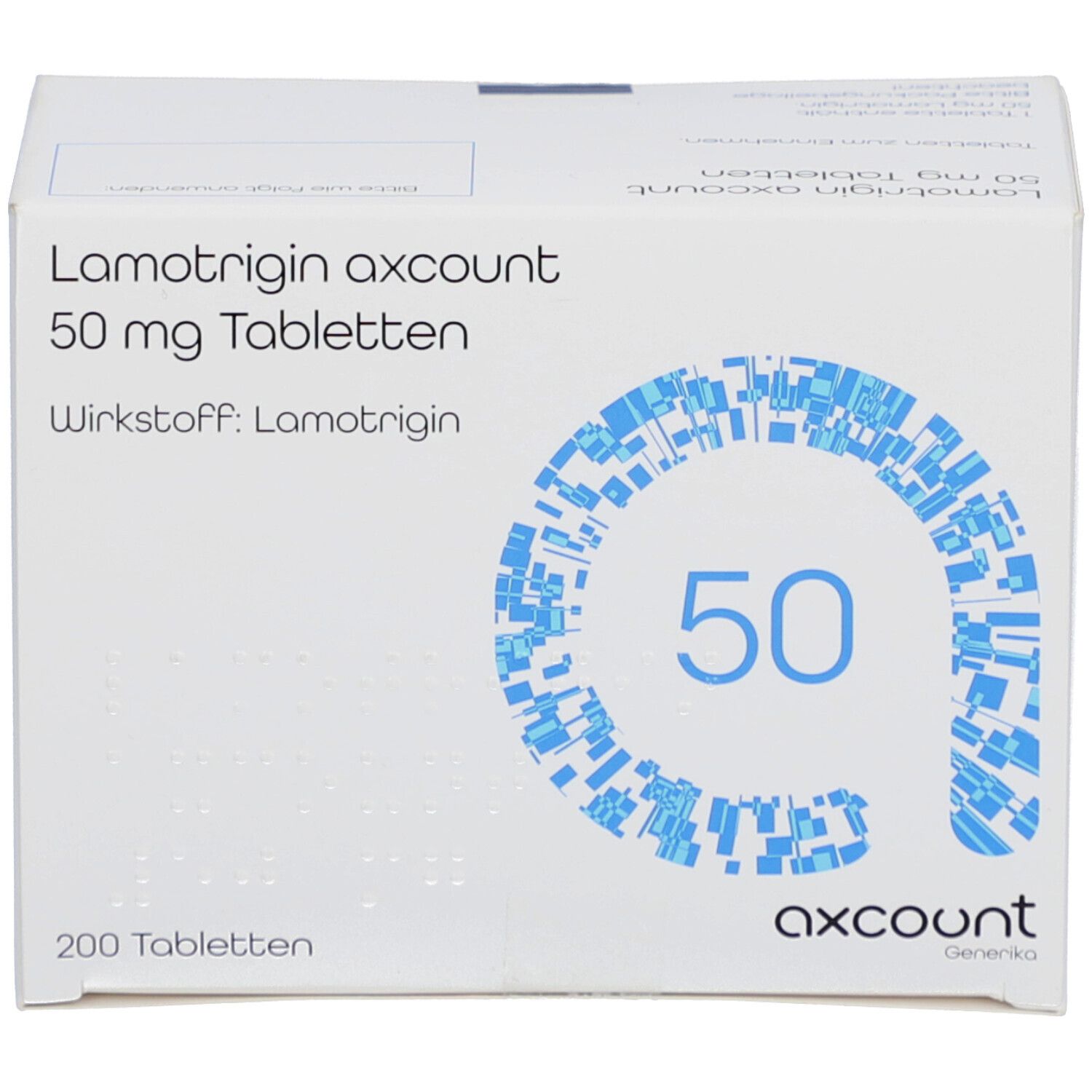 Weiße Tablettenbox mit blauer Grafik. Text: Lamotrigin axcount 50 mg Tabletten, 200 Tabletten, Wirkstoff: Lamotrigin, axcount.