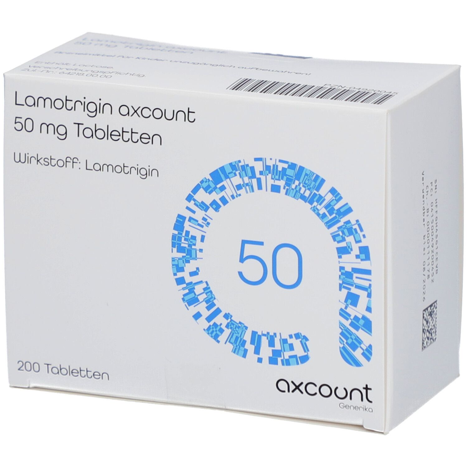 Weiße Tablettenbox mit blauer Grafik. Text: Lamotrigin axcount 50 mg Tabletten, 200 Tabletten, Wirkstoff: Lamotrigin, axcount.
