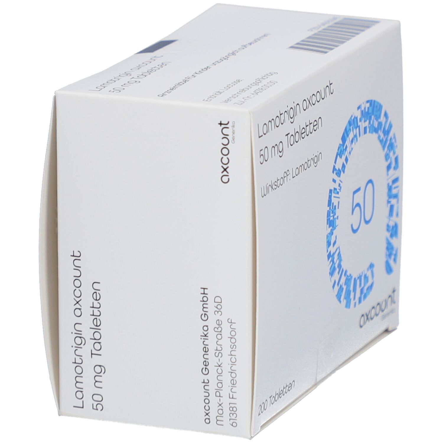 Weiße Tablettenbox, schräge Ansicht. Text: Lamotrigin axcount 50 mg Tabletten, 200 Tabletten, axcount Generika.