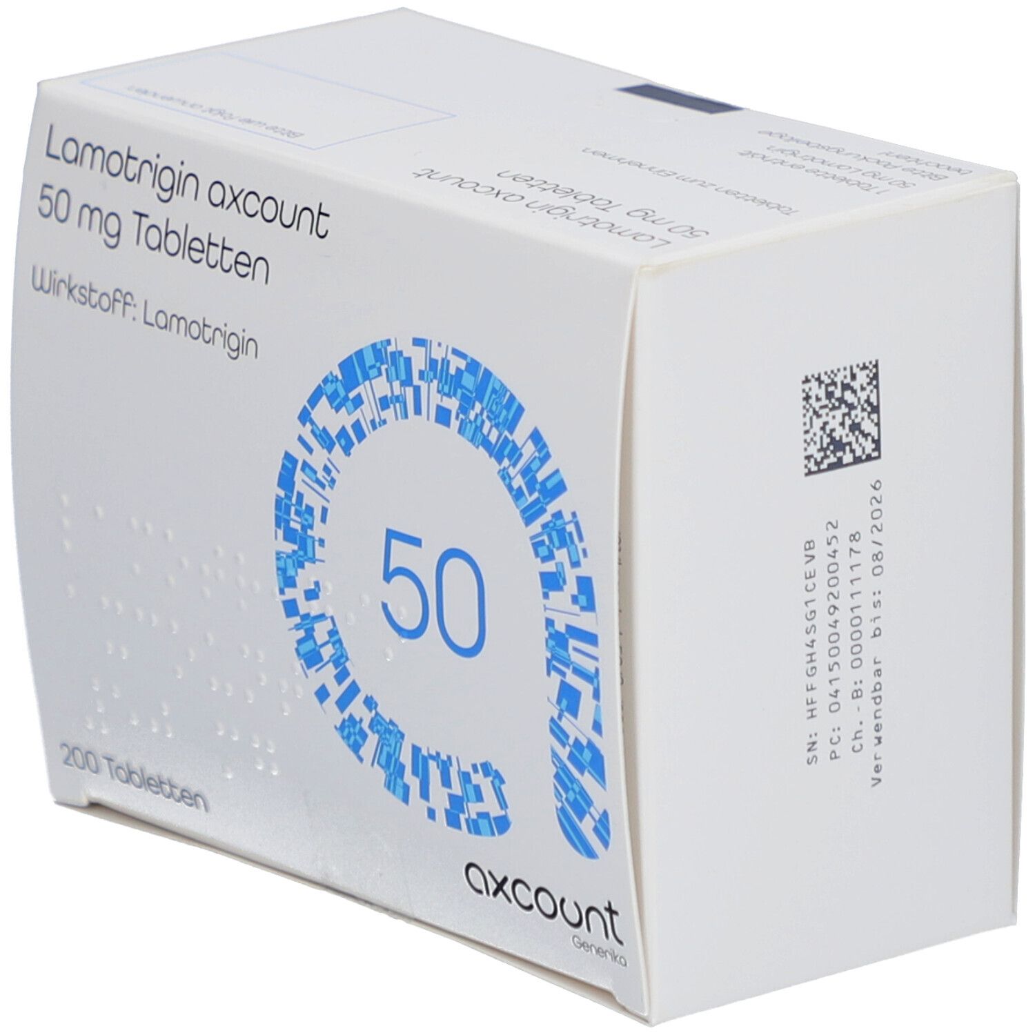 Weiße Tablettenbox, Seitenansicht. Text: Lamotrigin axcount 50 mg Tabletten, 200 Tabletten, Verwendbar bis: 08/2026. QR-Code.