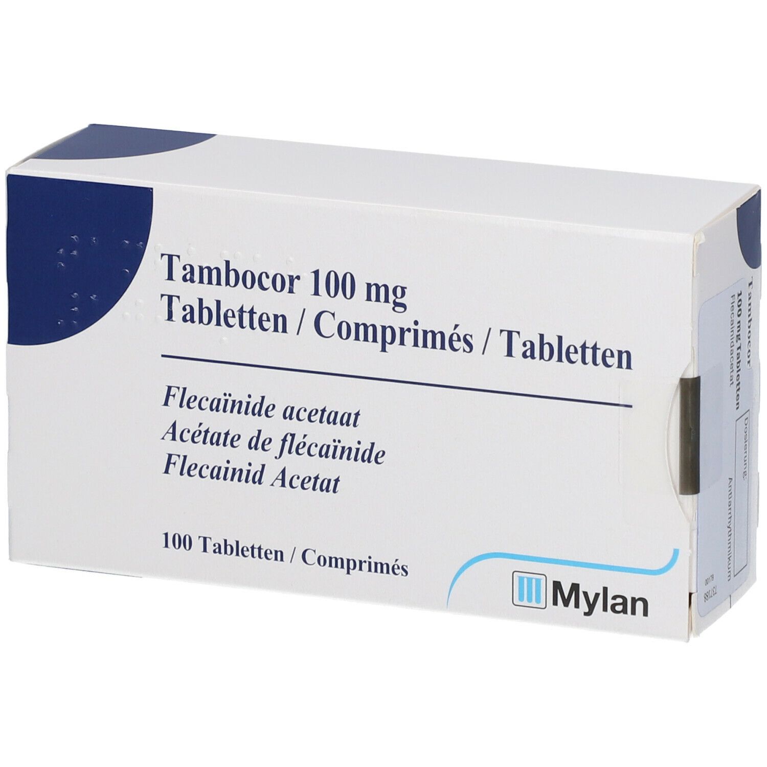 Weiße Schachtel mit Tambocor 100 mg Tabletten. Text in Deutsch, Französisch und Niederländisch. Mylan-Logo.