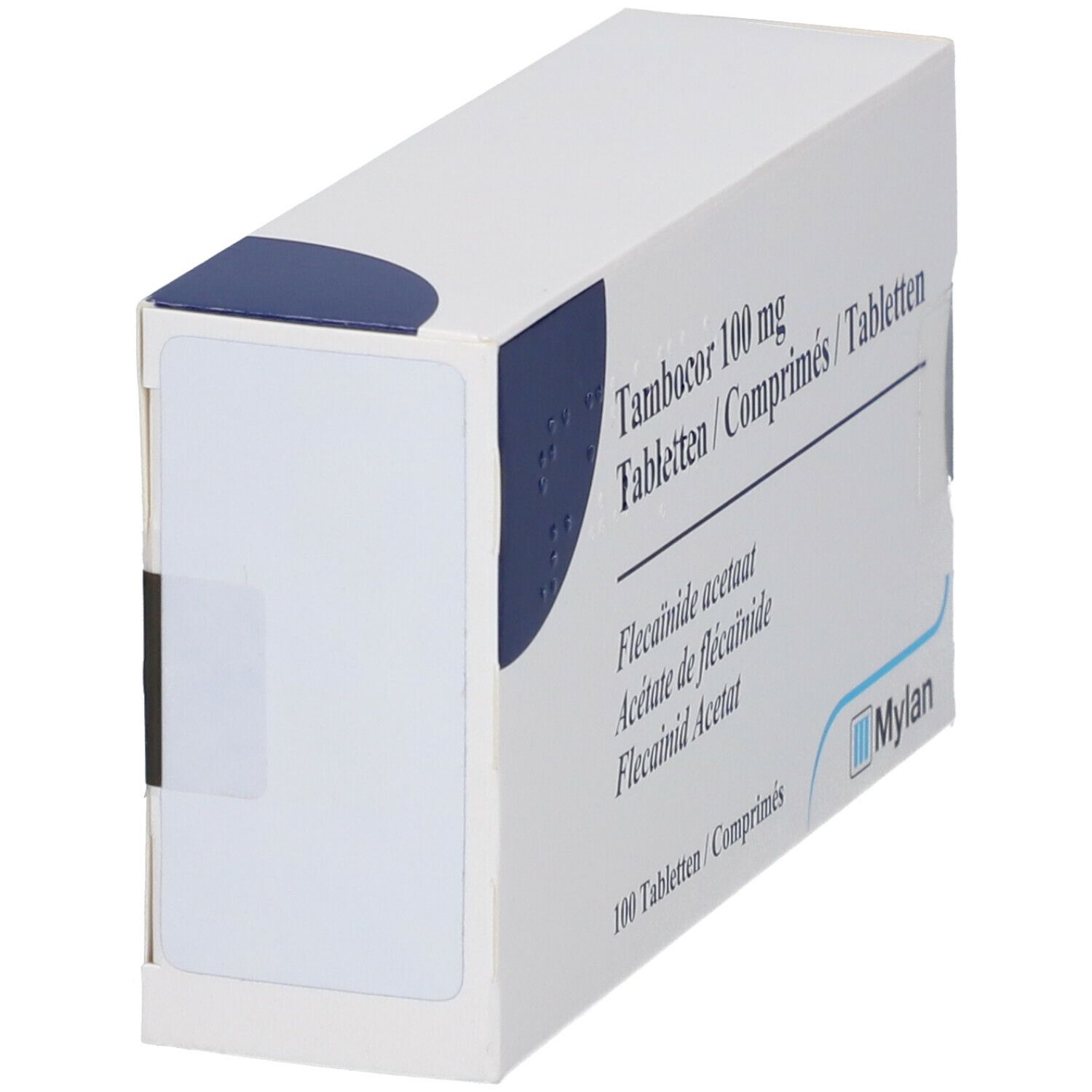 Schachtel mit Tambocor 100 mg Tabletten. Seitenansicht. Text in Deutsch, Französisch und Niederländisch. Mylan-Logo.