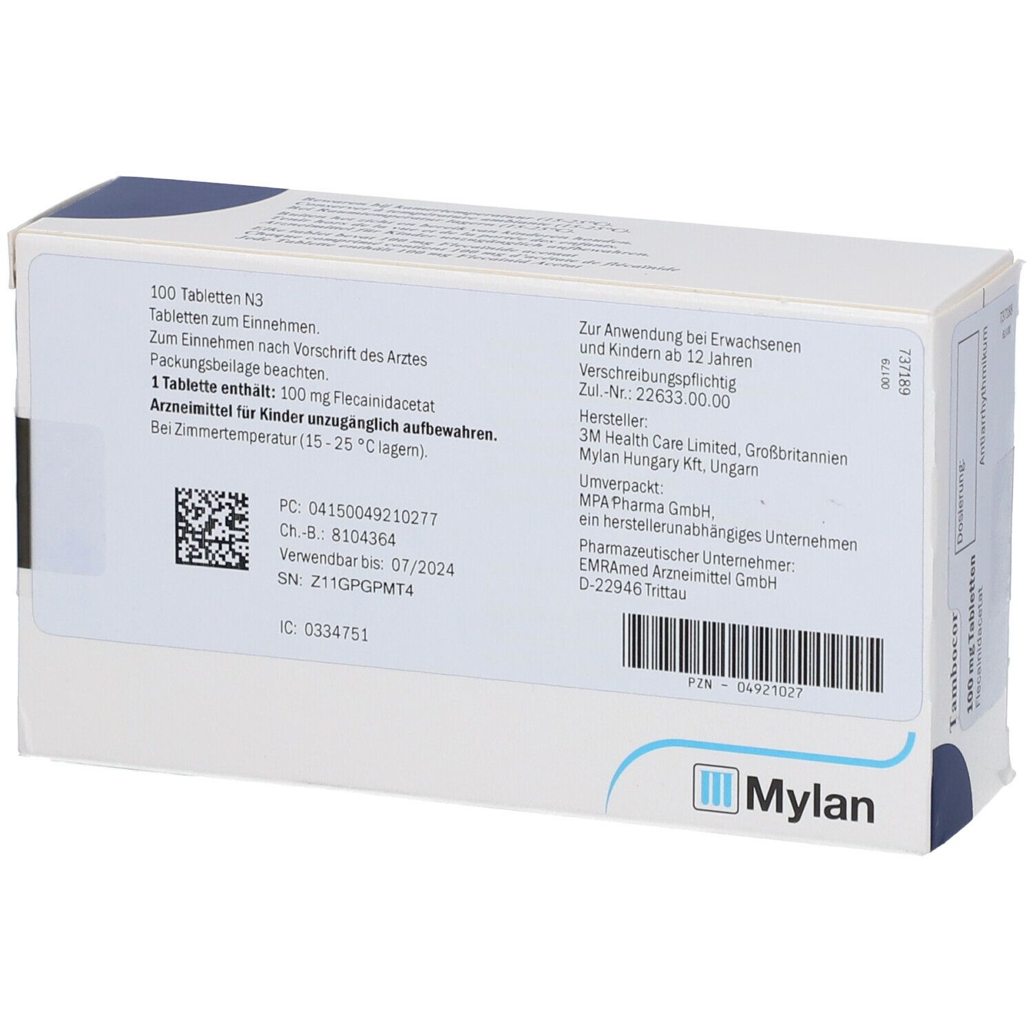 Rückseite der Tambocor-Schachtel. Informationen zu Dosierung, Hersteller und Inhaltsstoffen. Mylan-Logo.