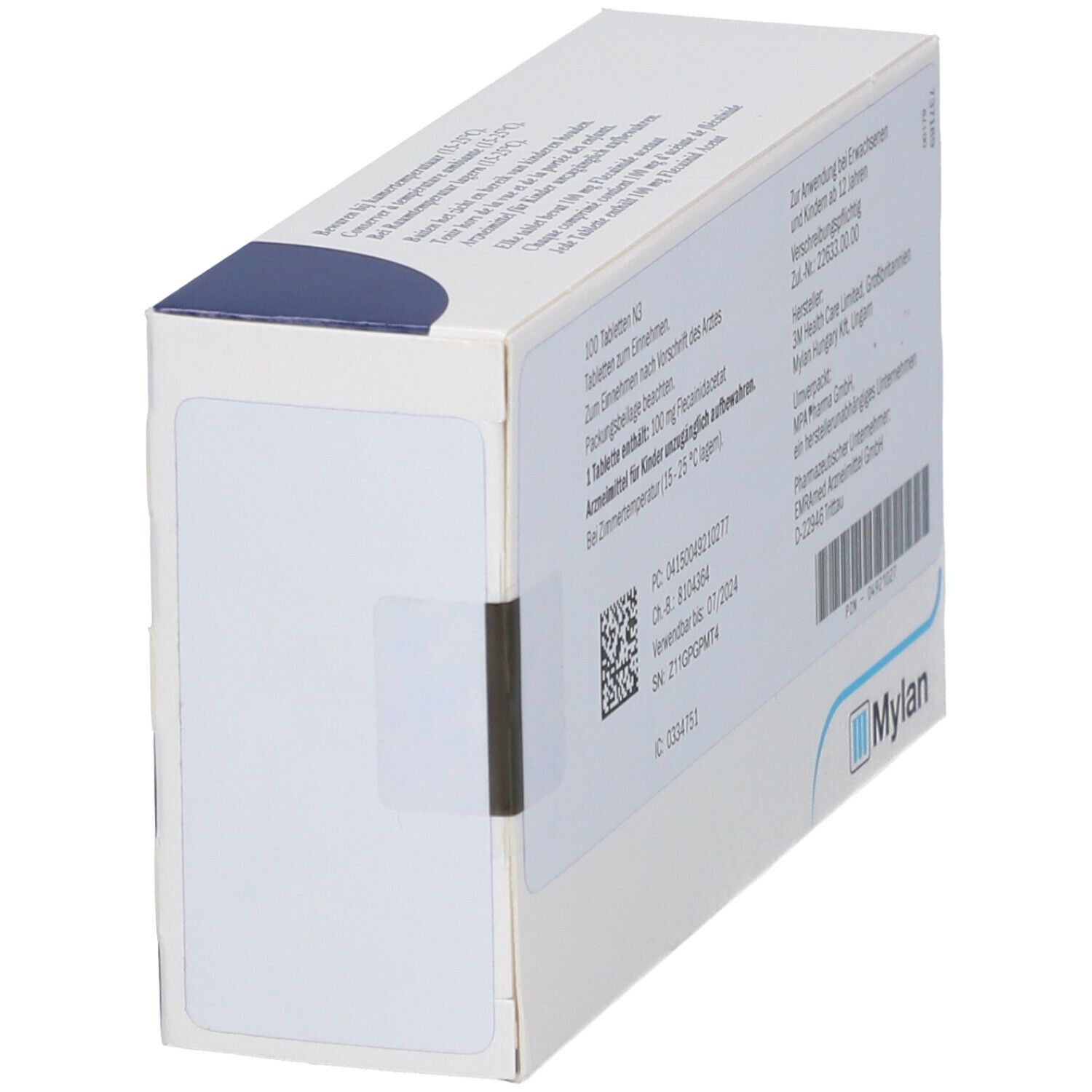 Seitenansicht der Tambocor-Schachtel. Informationen zu Dosierung, Hersteller und Inhaltsstoffen. Mylan-Logo.