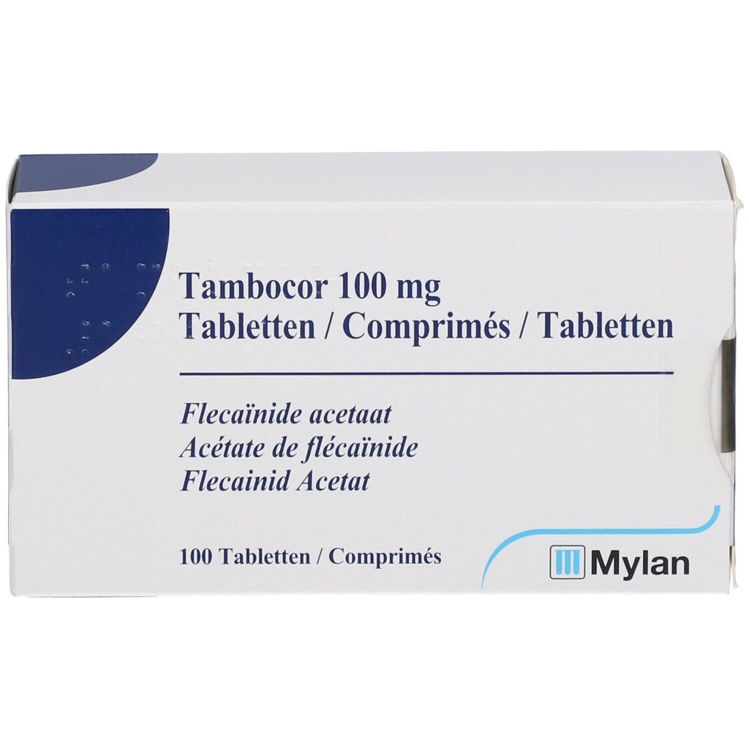 Weiße Schachtel mit Tambocor 100 mg Tabletten. Text in Deutsch, Französisch und Niederländisch. Mylan-Logo.