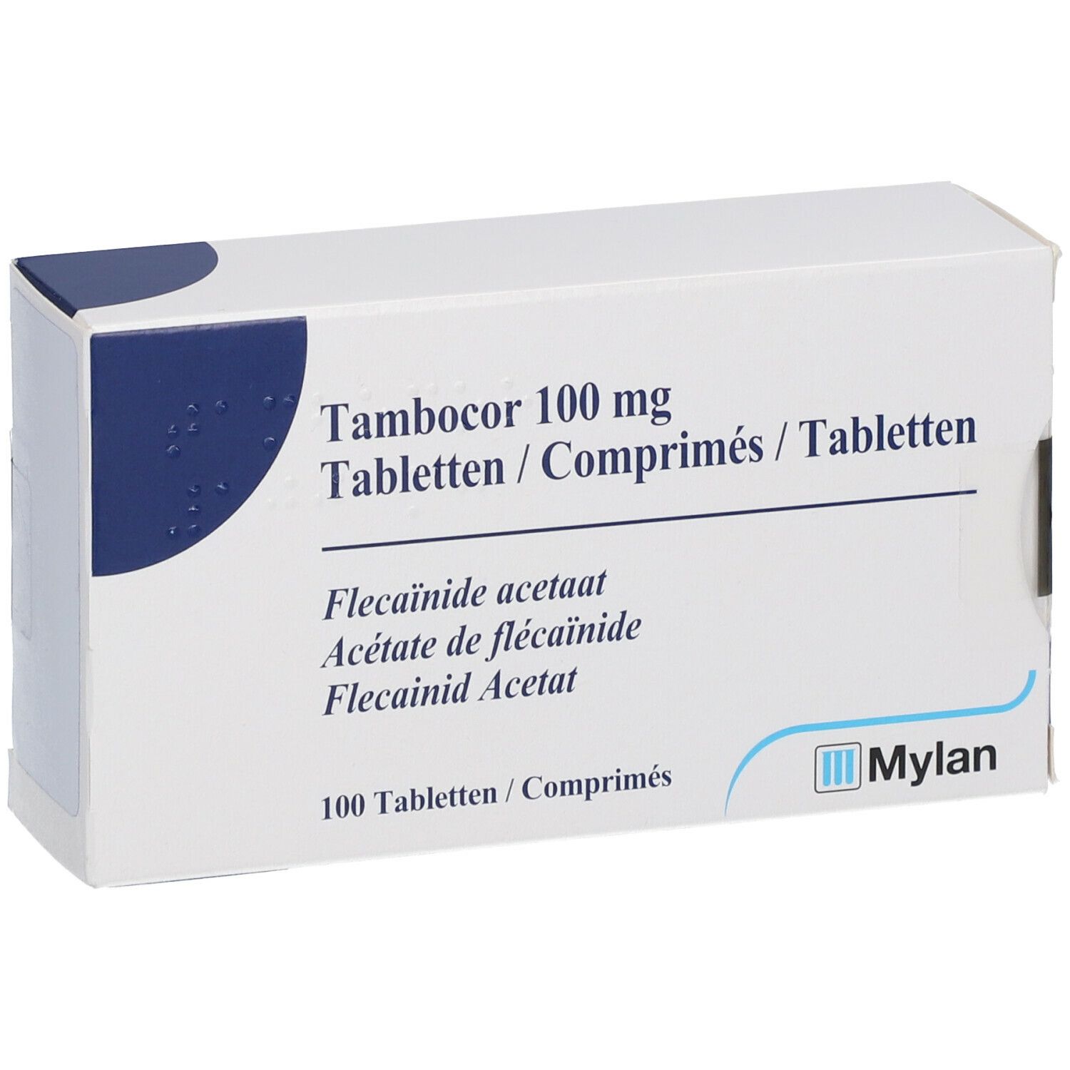 Weiße Schachtel mit Tambocor 100 mg Tabletten. Text in Deutsch, Französisch und Niederländisch. Mylan-Logo.