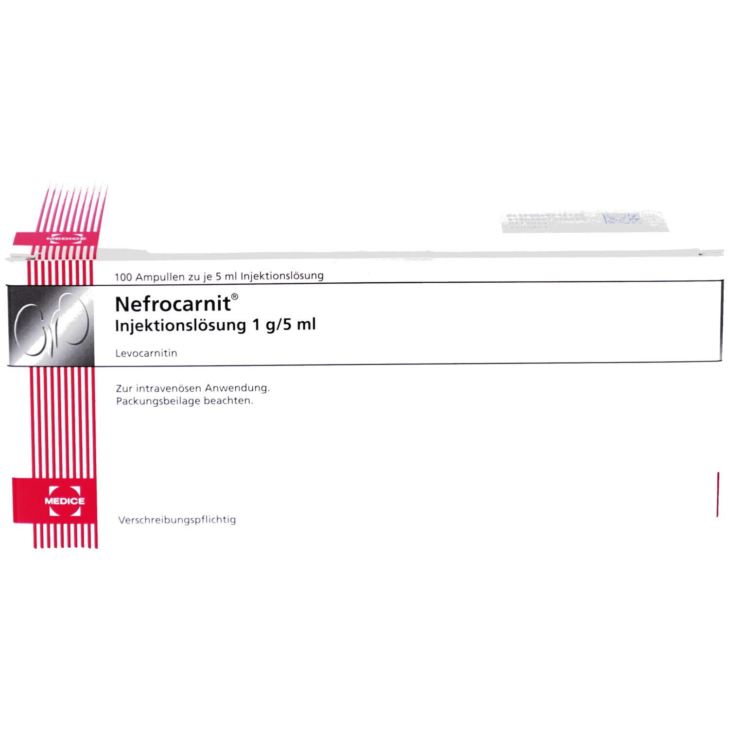 Packung mit 100 Ampullen Nefrocarnit® Injektionslösung 1 g/5 ml. Weißer Karton mit roter und grauer Schrift. Produktname und Dosierung deutlich sichtbar.