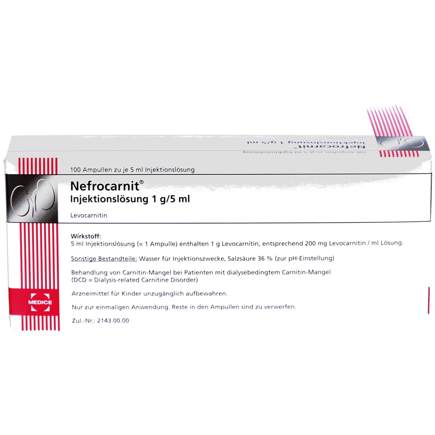 Nefrocarnit® Injektionslösung 1 g/5 ml Packung. Enthält 100 Ampullen. Weißer Karton mit roter und grauer Schrift. Produktinformationen und Dosierung.