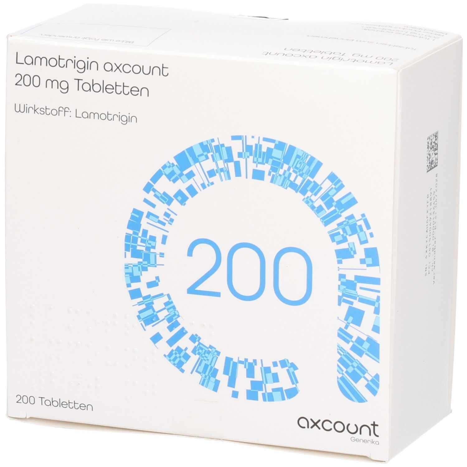 Weiße Tablettenbox. Aufschrift: Lamotrigin axcount 200 mg Tabletten. Wirkstoff: Lamotrigin. Blaues Design mit der Zahl 200. 200 Tabletten.